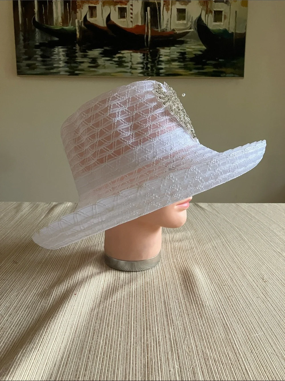 Elegant White Wide-Brim Hat with Silver Rhinestone Beaded Motif